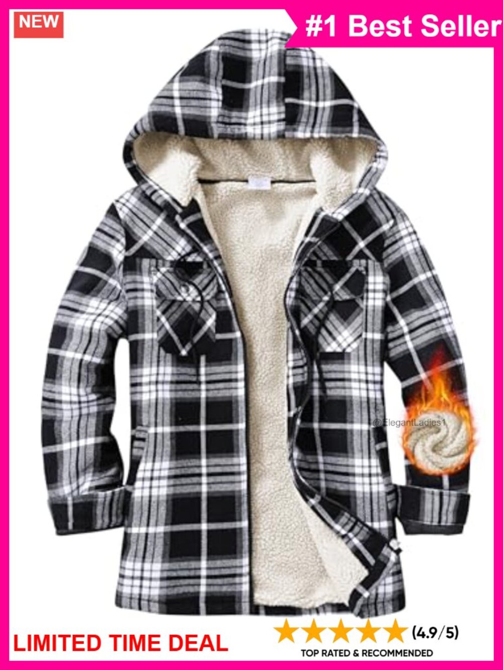Flannel Sherpa Lined Zip Up Hoodie Warm Winter Sweatshirt Jacket